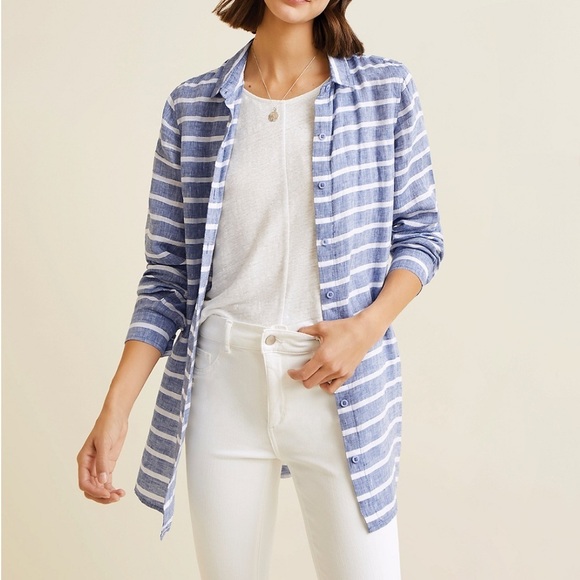 New Garnet Hill Easy Linen Tunic Button Up Shirt Blue Coast Stripe Petite - Picture 2 of 11